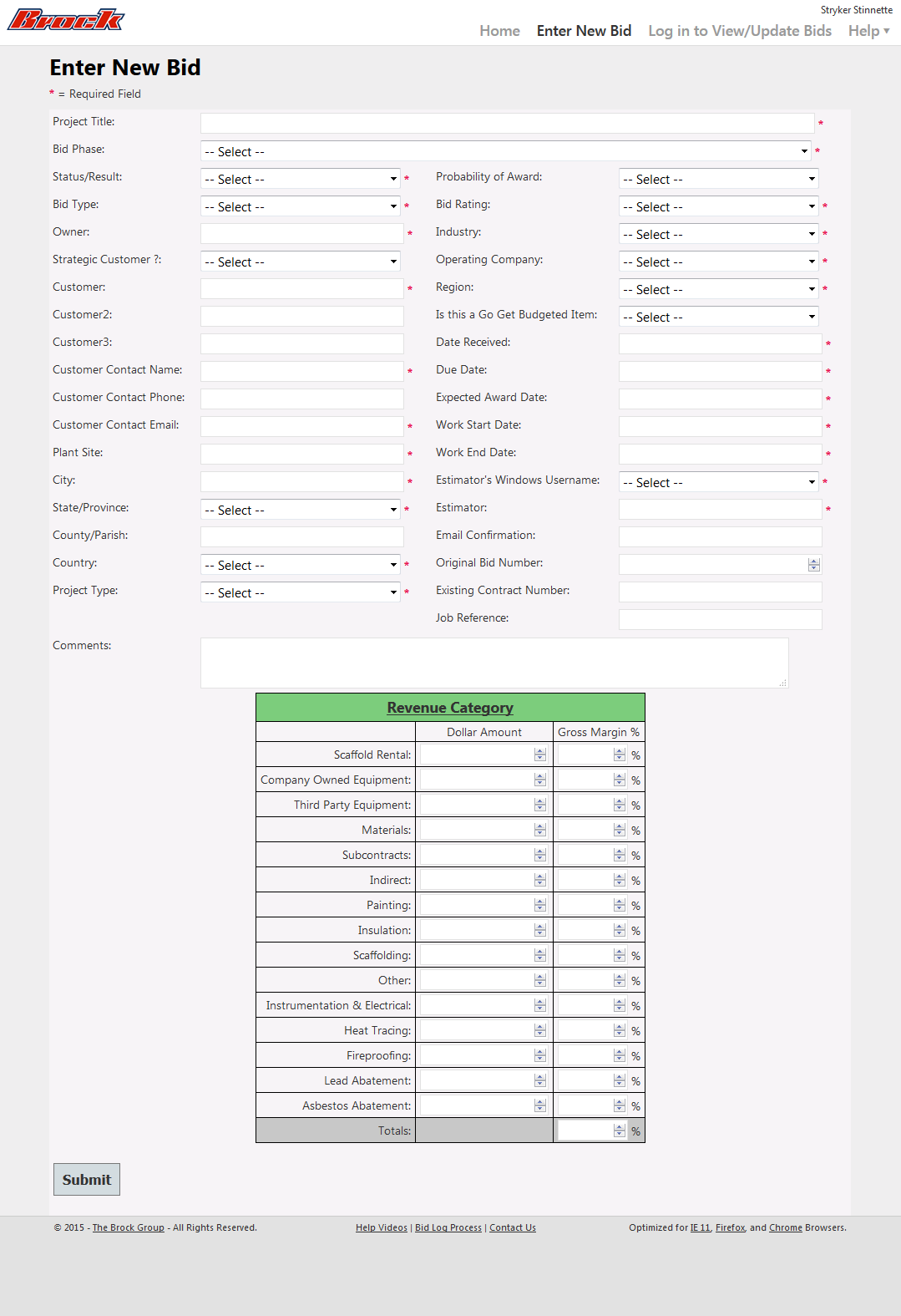 Brock Bid Log Data Input Screen